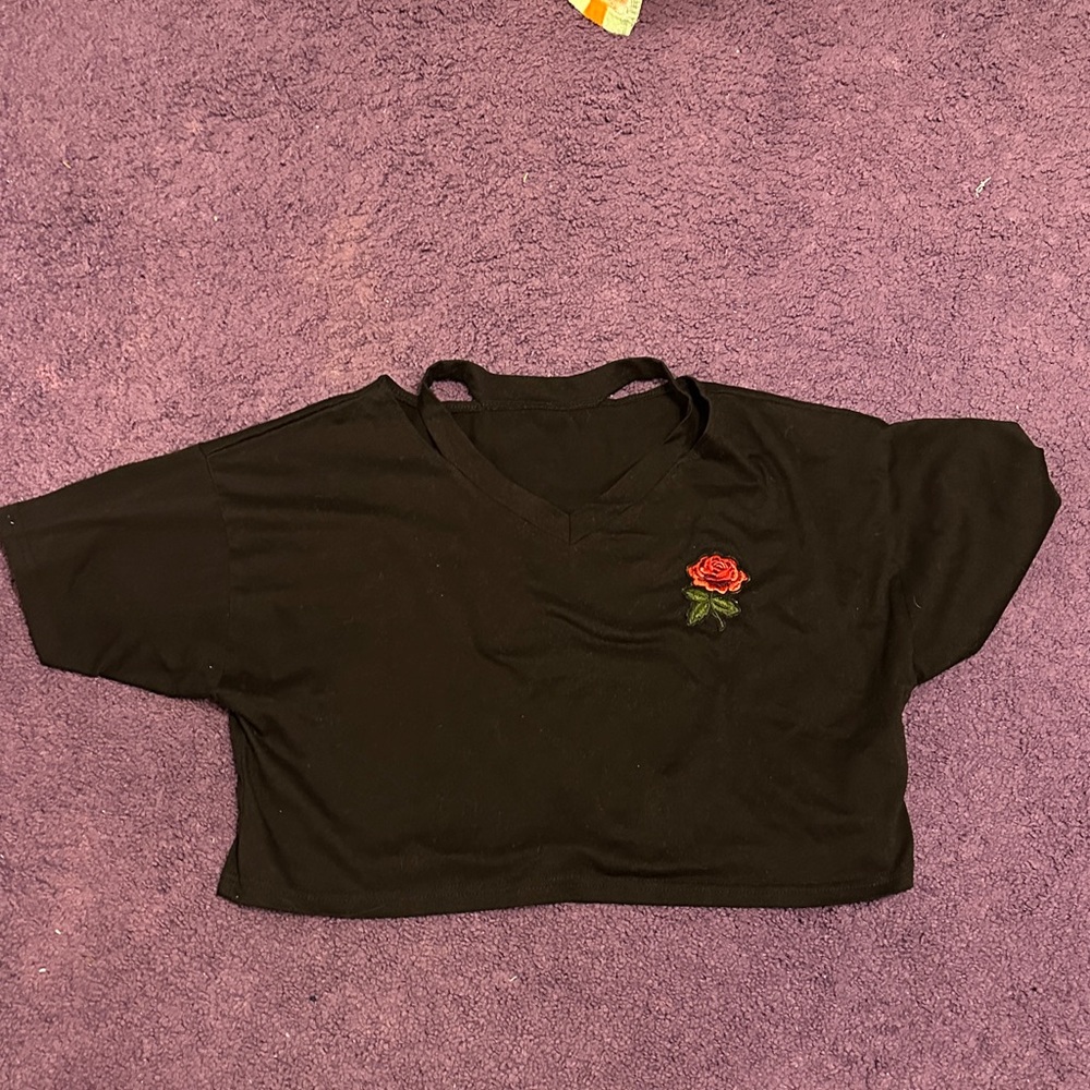 SHEIN Black Crop Top with Red Rose Embroidery